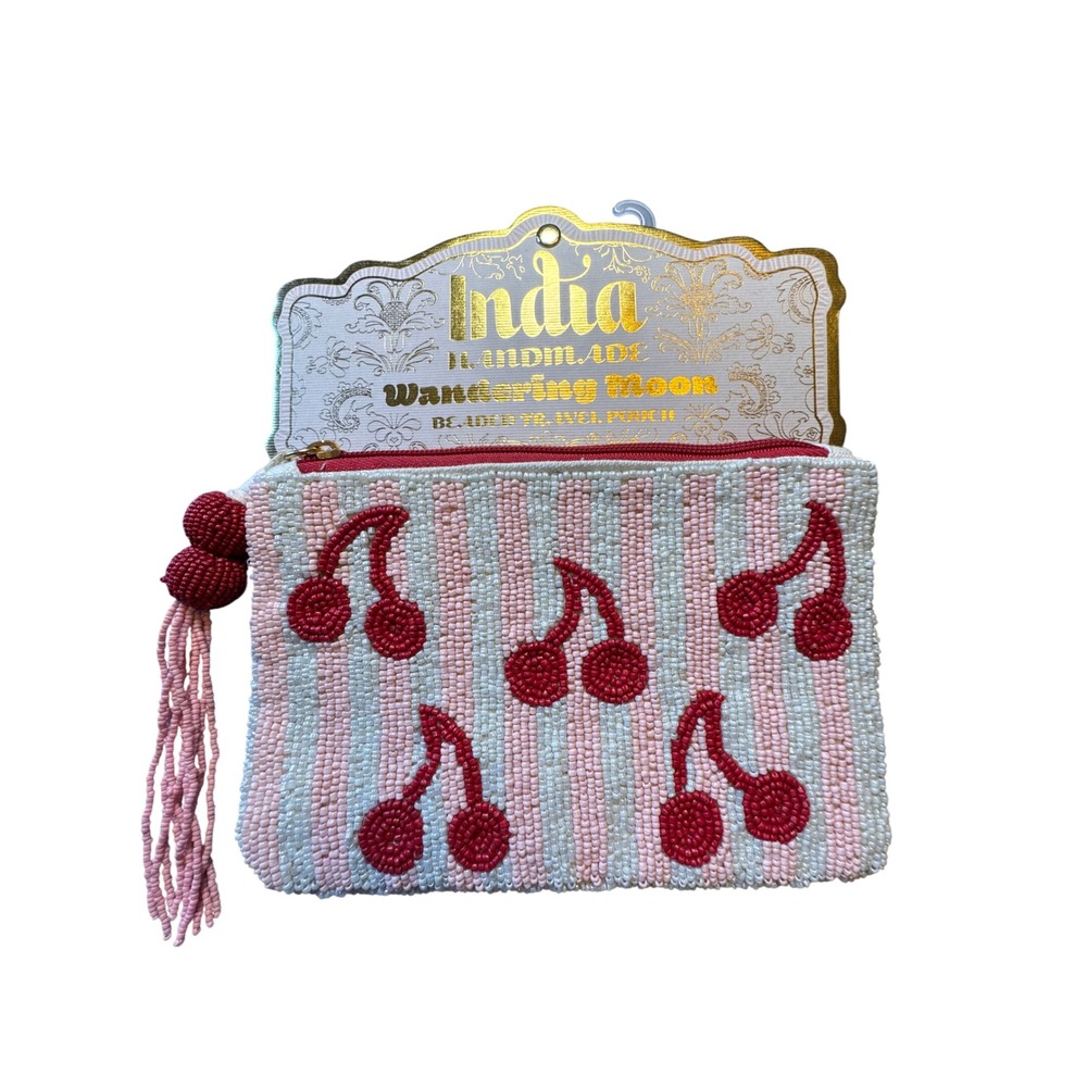 Wandering Moon Beaded Cherry Travel Pouch Pink White Striped Handmade Makeup Bag
